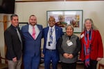 Representatives from NAYA met with Oregon State Senator Kayse Jama, D-24th District, on Monday Feb 12, 2024 during NAYA Action Fund's Legislative Day of Action where they were advocating for critical issues impacting their communities, such as safe and affordable housing, access to child care and economic equity. L to R: Oscar Arana, NAYA’s interim CEO, William Miller, government affairs manager at NAYA and executive director of the NAYA Action Fund, Oregon State Senator Kayse Jama, D-24th District, Cecelia Lente, IDA coordinator at NAYA, and Erika Silver, director of housing and stabilization services at NAYA.