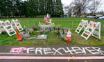 A memorial for June “T-Rex” Knightly, at the corner Northeast Hassalo Street and Northeast 55th Avenue in Portland, April 5, 2023. Knightly died after being shot by Benjamin Smith in February 2022. 