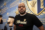 Jamaal Lane at Champions Barbering Institute in Portland, Ore., Friday, May 1, 2020. The COVID-19 pandemic has temporarily shuttered his school and shops.