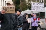 Protesters voice their opposition to for HB 2002 at the Oregon State Capitol in Salem, March 20,. 2023. The bill would require health care plans in Oregon to include reproductive and gender affirming care.