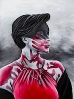 Shayla Sayer-Brabant is an activist and member of the Little Black Bear First Nation in Saskatchwan. Nayana LaFond painted her portrait in 2021 as part of the ongoing series, "Portraits in Red: Missing and Murdered Indigenous People Painting Project."
