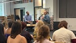 Author George Saunders (right) speaks with "Think Out Loud" host Dave Miller in front of an audience of students at Portland's McDaniel High School on Thursday, Sept. 24, 2026.