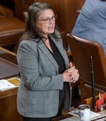 FILE - Sen. Sara Gelser Blouin, D-Corvallis, in session at the Oregon Capitol in Salem, Ore., March 20, 2023.
