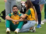 South Africa's Tabraiz Shamsi, left, reacts after his side's loss against India in the ICC Men's T20 World Cup final cricket match at Kensington Oval in Bridgetown, Barbados, on Saturday.