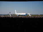 Another image of Air Force Two at the rally in Detroit on Aug. 7. AI researcher Hany Farid at the University of California, Berkeley, ran the disputed image through detection software to confirm that it was authentic.