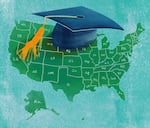 A map of the United States with a graduation cap.