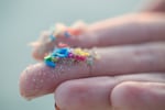 Researcher holding small pieces of micro plastic pollution washed up on a beach