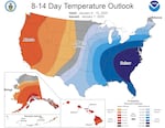 A map showing where temperatures are likely to be average and below average in early- to mid-January.