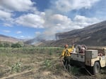 In this photo provided by Wheeler County Fire & Rescue, a firefighter looks on as the Butte Creek Fire burns on a hillside near Clarno, Ore.