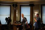 Portland Mayor Ted Wheeler addresses a fatal shooting tied to protests during a press conference at City Hall in Portland, Ore., Aug. 30, 2020. One person was shot and killed as a pro-Trump car caravan rolled through town the previous evening.