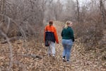 Kayla Shelton, left, and Amythist McCart walk on a trail in on Thursday, Nov. 30, 2023 in Yakima, Wash.