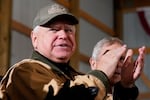 Minnesota Gov. Tim Walz, shown in this Nov. 1, 2023 file photo at Dutch Creek Farms in Northfield, Minn., has worked with recent Oregon governors. Former Gov. Kate Brown described him as "folksy" but effective at getting things done.