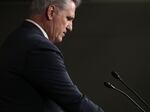 House Minority Leader Kevin McCarthy (R-CA) talks to reporters during a news conference following a GOP caucus meeting at the U.S. Capitol Visitors Center Feb. 13, 2019 in Washington, D.C.