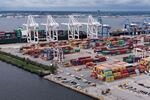 This photo shows shipping containers in various colors stacked in piles at the Port of Baltimore on September 21, 2018.