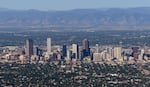 The downtown Denver skyline is seen from the air.