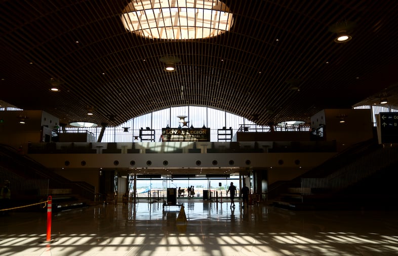 Preparations are made to open the new main terminal at Portland International Airport, Aug. 2, 2024. The 49 skylights and 36-foot-high glass walls allow ample daylight even on cloudy days, reducing the terminal’s energy use. 