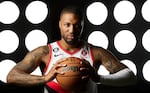 Portland Trail Blazers guard Damian Lillard poses for a portrait during the NBA basketball team's media day in Portland on Monday, Sept. 26, 2022.