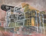 Artist Josh Gates superimposes the outline of sleek high-rise buildings on what was once LV's Twelve22.  The painting is part of his "Ghosts of Albina" series, which examines the history of Portland’s redlining practices and the demolition of buildings in the historically black Albina neighborhood in North Portland.
