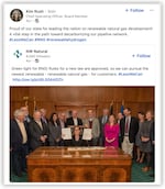 In a post on LinkedIn, Kim Rush of NW Natural shared this photo of a signing ceremony for a landmark 2019 bill allowing her utility to be one of the first in the nation to acquire renewable natural gas for customers. Oregon Gov. Kate Brown, center, posed with legislators and numerous NW Natural representatives. Anna Chittum, in pink, led the company’s renewables effort.