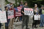 FILE - In this Sept. 1, 2016 file photo, opponents of Washington state's decision to eradicate a wolf pack in order to protect cattle protest outside of the Washington Department of Fish and Wildlife, in Olympia, Wash.