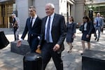 David McCraw, right, general counsel for the New York Times, and Douglas Zolkind, left, attorney for the New York Times, leave Manhattan federal court, Thursday, July 23, 2026, in New York.