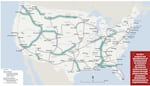 A route map overlaid on the US showing "Potential Restored Portions of Discontinued Routes Not Currently Served by Passenger Rail".