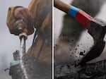 Left: A trainee sprays water over a fire. Right: Ash and charcoal are chipped off a burned log.