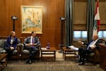 Amos Hochstein, center, a senior adviser to President Joe Biden, and US Ambassador to Lebanon Lisa A. Johnson, left, meet with Lebanese Parliament speaker Nabih Berri, in Beirut, Lebanon, Tuesday, Nov. 19, 2024.