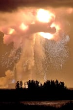 A Blue Origin New Glenn rocket explodes during an engine-firing test on Thursday, May 28, 2026, in Cape Canaveral, Fla.