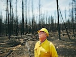 Don Gentry, Klamath Tribes chairman, looks at the charred remains of Klamath ancestral lands burned in the Bootleg Fire.