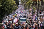 Demonstrators hold signs as they march down Dolores street protesting the Trump administration during the No Kings rally in San Franscisco, Californina on June 14, 2025, on the same day as President Trump's military parade in Washington, DC. In response to the military parade celebrating the 250th anniversary of the US Army but also coinciding with Trump's 79th birthday, a "No Kings" movement has sprung up promising to stage protests in more than 2,000 places across the country, including a large parade expected in Los Angeles which organizers say will feature a "20-foot-tall balloon of Trump wearing a diaper." (Photo by Nic Coury / AFP) (Photo by NIC COURY/AFP via Getty Images)