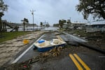 A flooded street is seen near the Steinhatchee marina in Steinhatchee, Florida on August 30, 2023, after Hurricane Idalia made landfall.