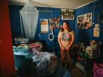 Climate activist and Pajaro Valley High School senior Denia Escutia, 18, looks around her mud-coated bedroom in Pajaro, California on March 24, 2023. Days earlier, residents began returning to their homes after a levee breach flooded the area several weeks earlier.