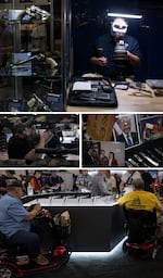 (Top photo) A sales representative works during the conference. (Middle left) A man looks through the scope of a rifle. (Middle right) Knives are displayed at the conference. (Bottom photo) People make their way around weapon displays at the conference.