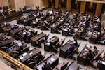 Washington state lawmakers in the House chamber on the first day of the 2026 legislative session.