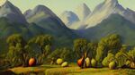 Giant pears cavorting in an orchard at the foot of mountains.