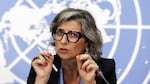 Francesca Albanese, Special Rapporteur on the situation of human rights in the Palestinian territories occupied since 1967, talks to the media during a press conference at the European headquarters of the United Nations in Geneva, Switzerland, July 11, 2023.