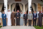 This handout picture shows (from L) Bahrain's Crown Prince and Prime Minister Salman bin Hamad al-Khalifa, Qatar's Emir Sheikh Tamim bin Hamad Al-Thani, UAE President Sheikh Mohamed bin Zayed al-Nahyan, Saudi Crown Prince Mohammed bin Salman, Kuwait's Emir Sheikh Meshal al-Ahmad al-Jaber al-Sabah, Jordan's King Abdullah II, Egypt's President Abdel Fattah al-Sisi, Jordan's Crown Prince Hussein and UAE's National Security Advisor Sheikh Tahnoun bin Zayed al-Nahyan pose for a picture in Riyadh on February 21, 2025.