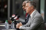 General manager Neil Olshey talks to media after announcing Chauncey Billups as the head coach of the Portland Trail Blazers at the team's practice facility in Tualatin, Ore., Tuesday, June 29, 2021.