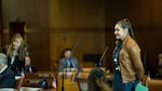 Democratic Oregon state Sen. Shemia Fagan asks Republican state Sen. Kim Thatcher a question in the chambers at the Oregon Capitol in Salem, Ore., Tuesday, April 2, 2019.