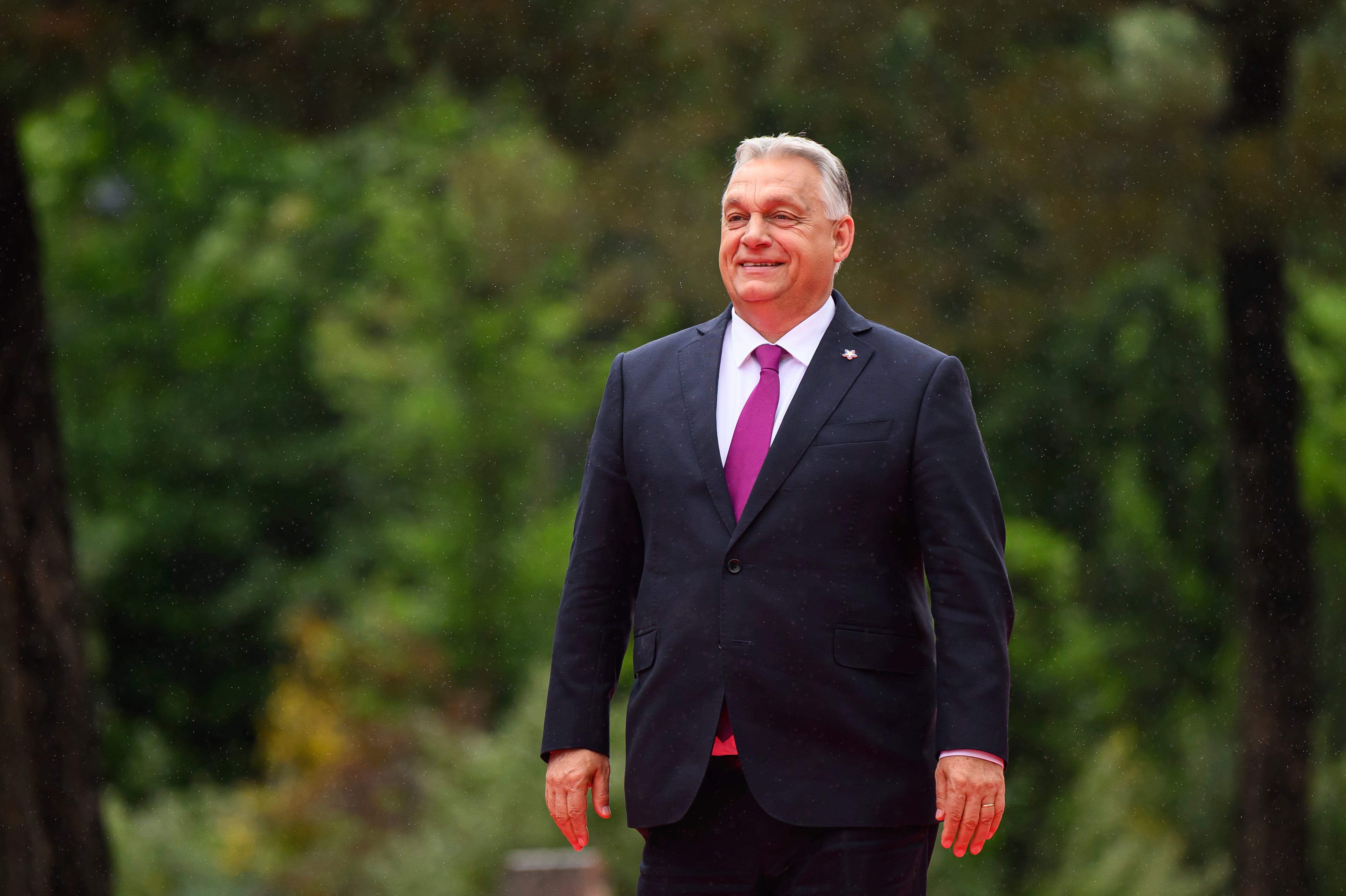 Hungarian Prime Minister Viktor Orbán arrives at European Political Community summit in Skanderbeg Square in Tirana, Albania, on Friday, May 16, 2025.