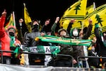 Portland Timbers supporters cheer prior to the MLS Cup soccer match against New York City FC on Saturday, Dec. 11, 2021, in Portland, Ore. 