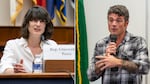 (Left to right) U.S. Rep. Marie Gluesenkamp Perez (D-Wash.) testifies before the House Armed Services Committee in April 2024. Joe Kent speaks with supporters at the Clark County Republican Party Headquarters in Vancouver, Wash., July 31, 2024. Political insiders expect the pair will rematch in this year’s November election.