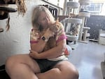 Tara Nagelhou comforting Friendly, a recently-arrived stray who was friendly enough to deemed good for adoption, as he adjusts to the Feline Good Cattery. Aug. 2, 2026.