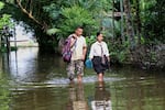 A school girl and her father wade through floodwaters in Alengmora village in Jorhat, India, Monday, Aug. 10, 2026.