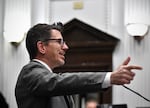 Assistant District Attorney Thomas Binger gives his closing argument during Kyle Rittenhouse's trail at the Kenosha County Courthouse in Kenosha, Wis., on Monday, Nov. 15, 2021.   Rittenhouse is accused of killing two people and wounding a third during a protest over police brutality in Kenosha, last year.