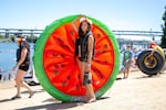 McKenzie Webster from Eugene, Ore. and her watermelon raft. 