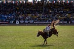 Ty Fast Taypotat of Alberta, Canada, rides bareback on Zastron Acres in the bareback event on Friday.
