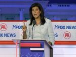 Former U.N. Ambassador Nikki Haley speaks during a Republican presidential primary debate hosted by FOX News Channel Wednesday in Milwaukee.