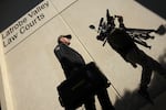 Media crews assemble outside Latrobe Valley Magistrates' Court.